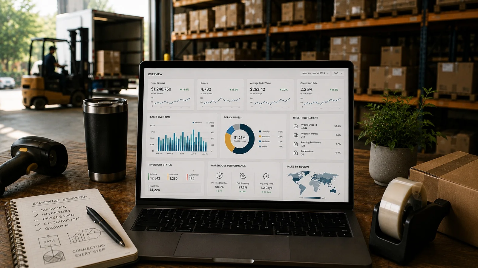 Laptop displaying a warehouse operations dashboard with revenue, inventory, and fulfillment metrics inside a distribution warehouse