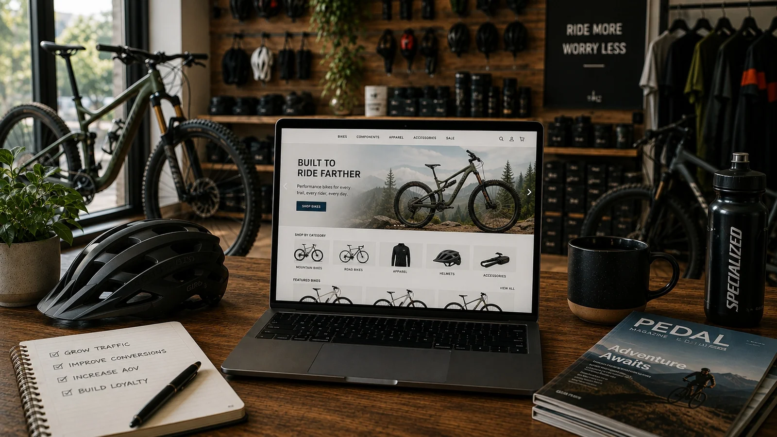 Laptop on a desk displaying an eCommerce storefront next to a bicycle, helmet, and notebook with growth goals