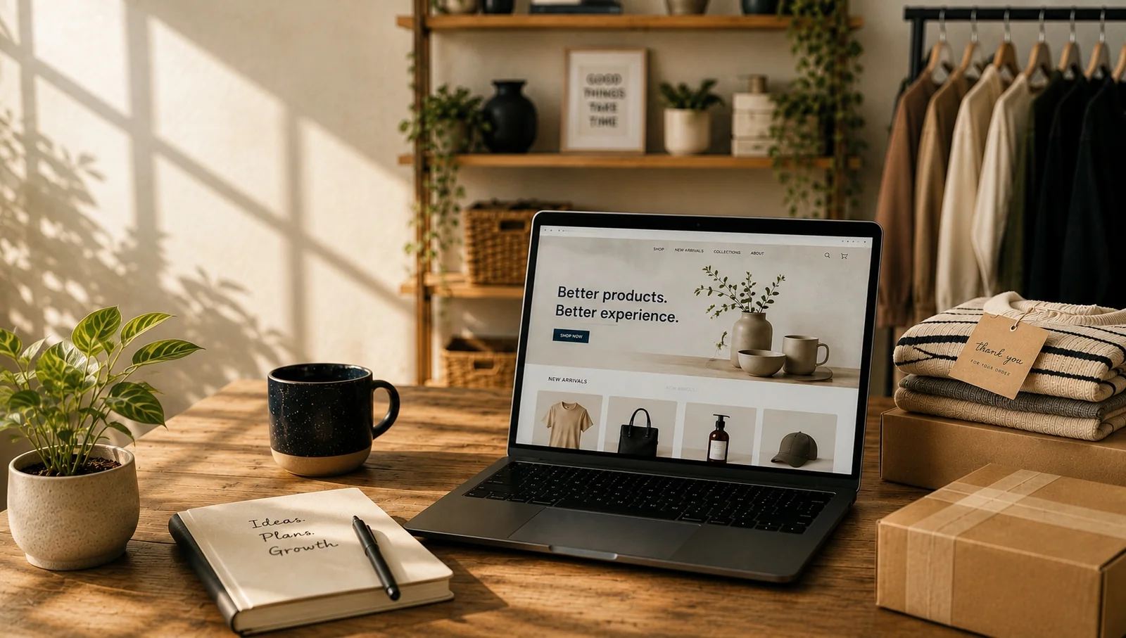Laptop displaying an apparel eCommerce storefront on a sunlit desk with a notebook reading Ideas, Plans, Growth
